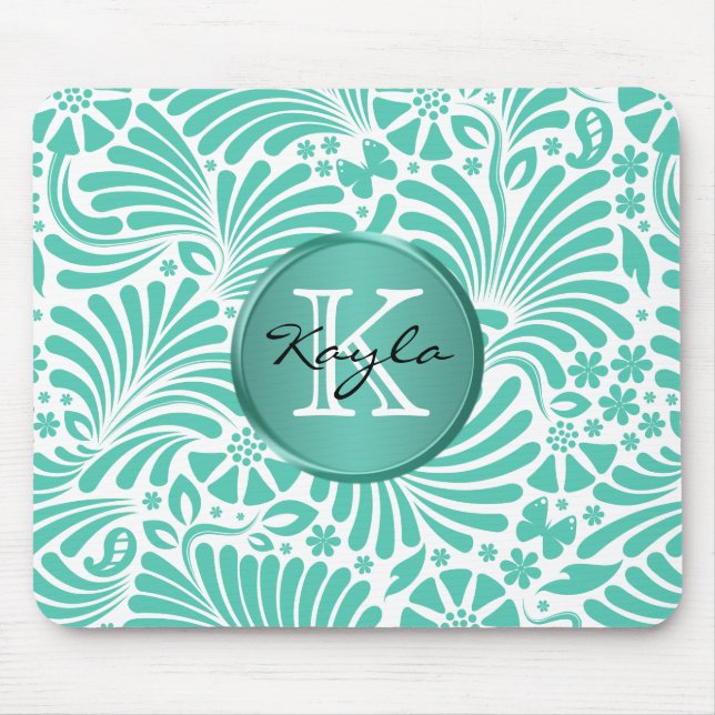 Modern Tropical Damask Monogram Mouse Mat (Front)