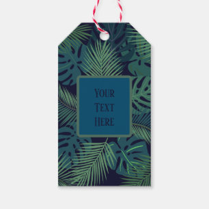modern tropical dark palm leaf, fig leaves jungle gift tags