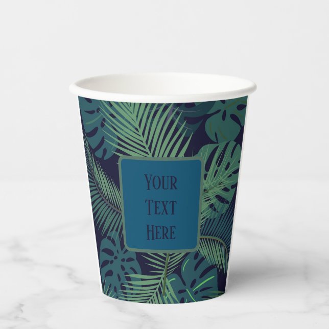 modern tropical dark palm leaf, fig leaves jungle  paper cups (Front)