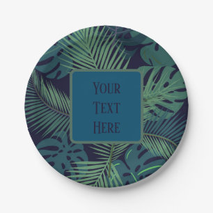 modern tropical dark palm leaf, fig leaves jungle  paper plate