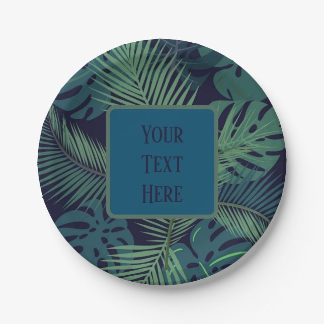 modern tropical dark palm leaf, fig leaves jungle  paper plate (Front)