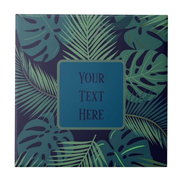 modern tropical dark palm leaf, fig leaves jungle  tile (Front)