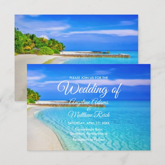 Modern Tropical Destination Beach Sea Wedding Card (Front/Back)