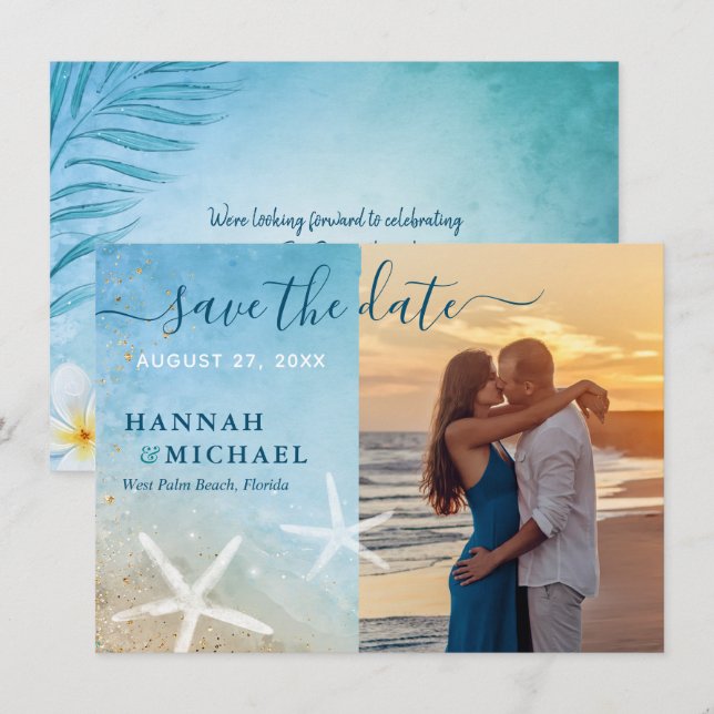 Modern Tropical Elegant Beach Wedding Photo Save The Date (Front/Back)