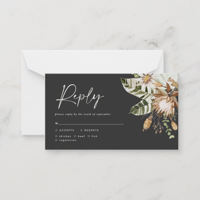 Modern tropical elegant black white wedding RSVP Card (Front)