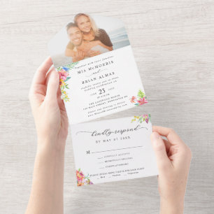Modern Tropical Elegant Script Photo Wedding All In One Invitation