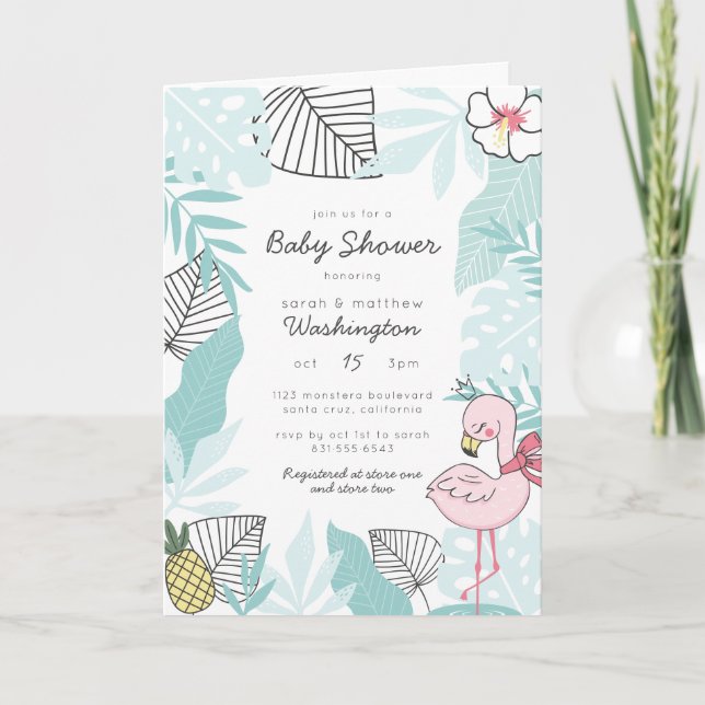Modern Tropical Flamingo & Pineapple Baby Shower Invitation (Front)