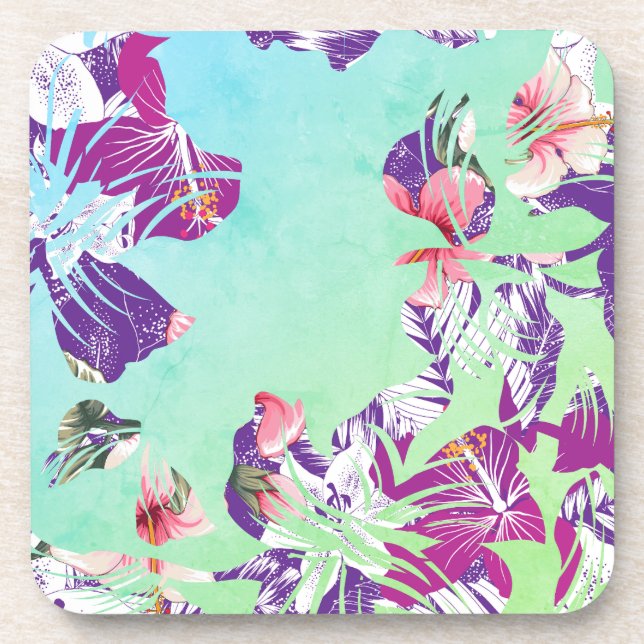 Modern Tropical Floral Collage on Aqua Coaster (Front)