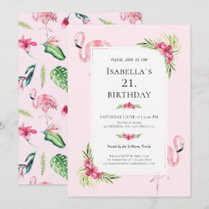 Modern Tropical Floral Flamingo Birthday Party Invitation