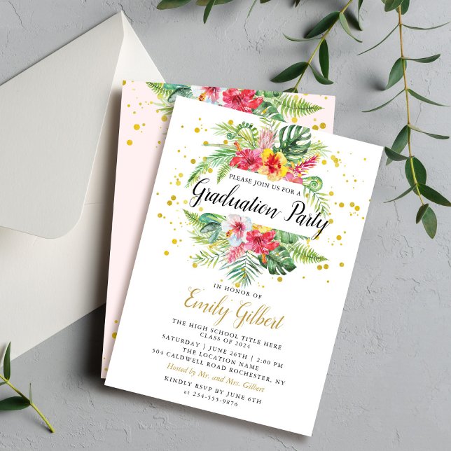 Modern Tropical Floral Foliage Graduation Party Invitation (Creator Uploaded)