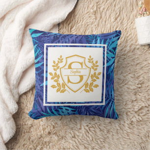 Modern Tropical Floral Gold Crest Initial Monogram Cushion