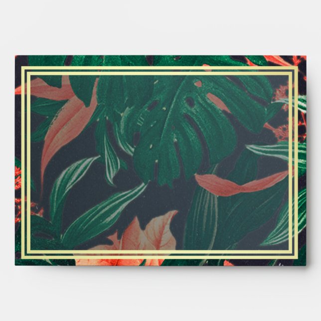 Modern Tropical Floral Gold Frame Hawaiian Wedding Envelope (Front)