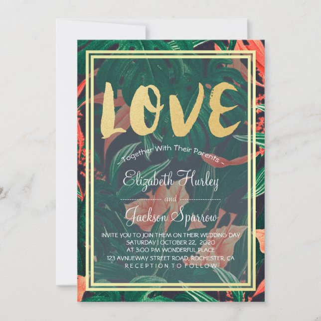 Modern Tropical Floral Gold Frame Hawaiian Wedding Invitation (Front)