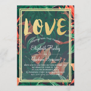 Modern Tropical Floral Gold Frame Hawaiian Wedding Invitation
