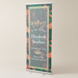 Modern Tropical Floral Gold Frame Wedding Welcome Retractable Banner