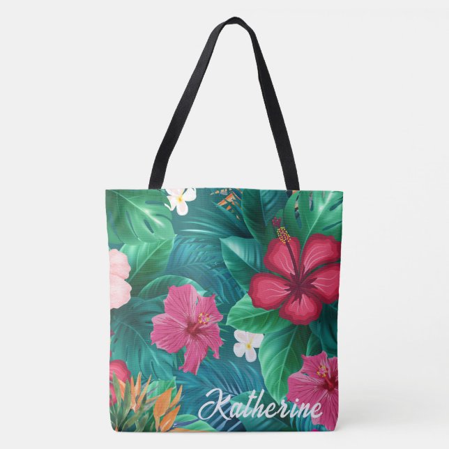Modern tropical Floral Monogram Beach  Tote Bag (Front)