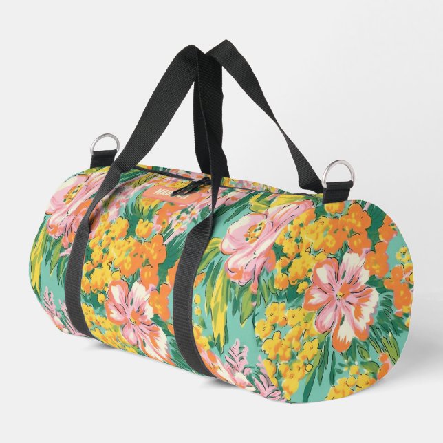 Modern Tropical Floral Pattern Personalised Name Duffle Bag (Left Corner)
