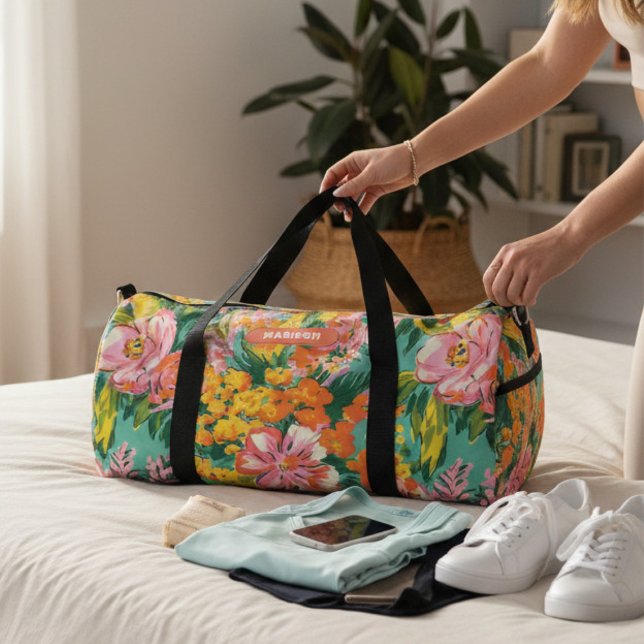 Modern Tropical Floral Pattern Personalised Name Duffle Bag (Creator Uploaded)