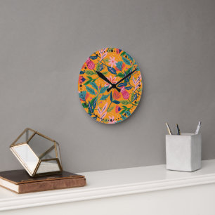 Modern Tropical Floral Pattern Round Clock