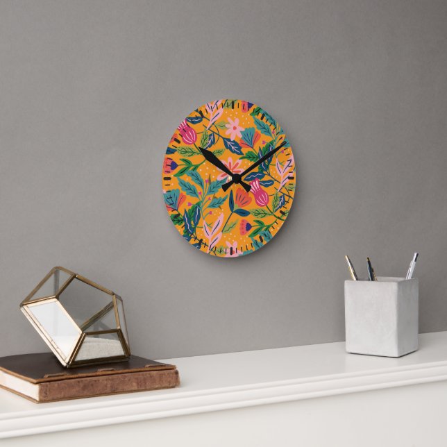 Modern Tropical Floral Pattern Round Clock (Office)