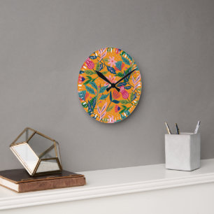 Modern Tropical Floral Pattern Round Clock
