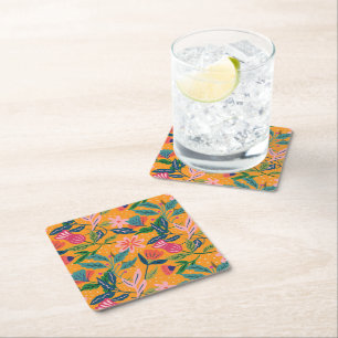 Modern Tropical Floral Pattern Square Paper Coaster