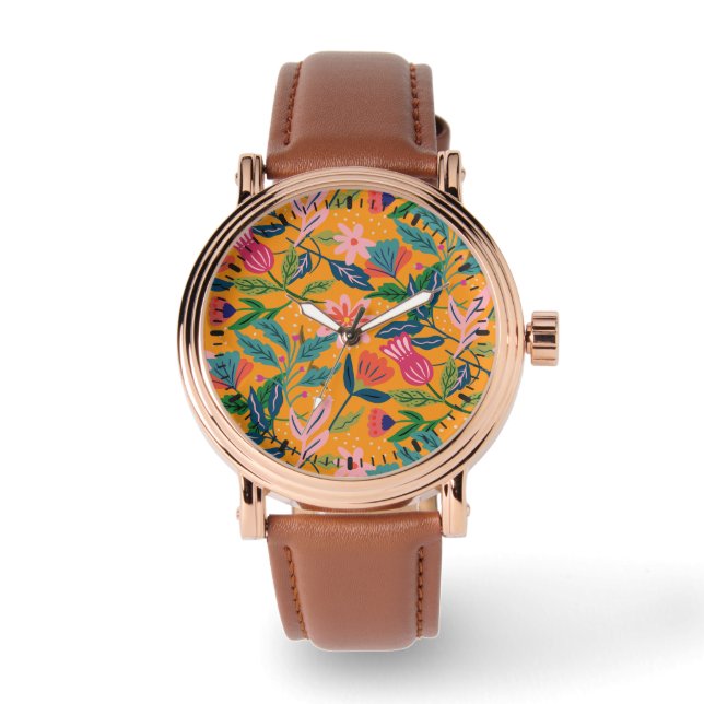 Modern Tropical Floral Pattern Watch (Front)