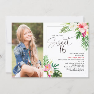 Modern Tropical Floral Photo Sweet 16 Birthday Invitation