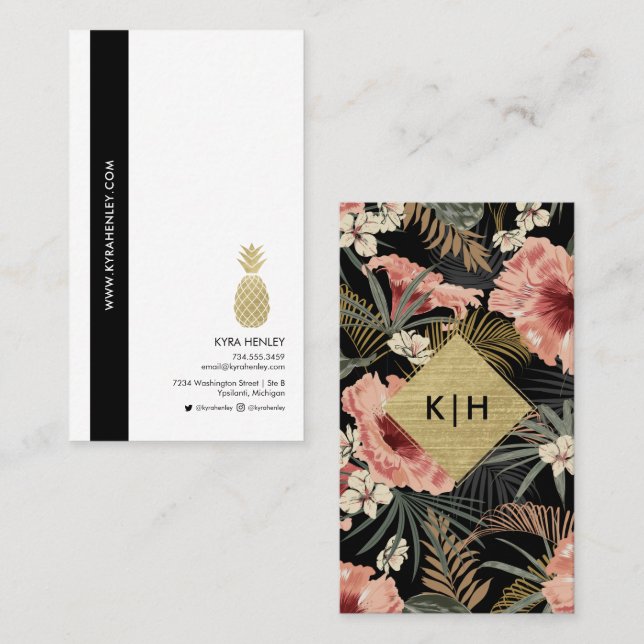 Modern Tropical Floral & Pineapple Pink Black Gold Business Card (Front/Back)