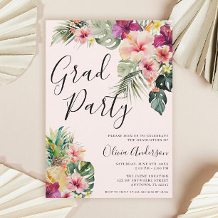 Modern Tropical Floral Pink Graduation Party Invitation