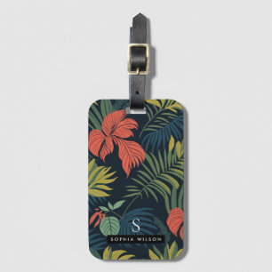 Modern Tropical Flowers Green Leaves Monogram Luggage Tag