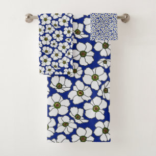 Modern Tropical Flowers On Blue Bath Towel Set