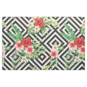 Modern Tropical Flowers With Geometric Pattern Fabric