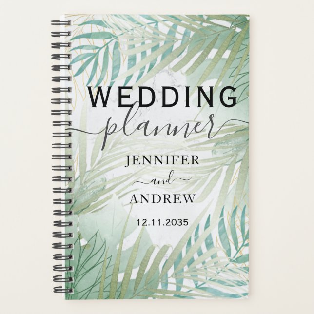 Modern Tropical Foliage Sage Green Wedding Planner (Front)