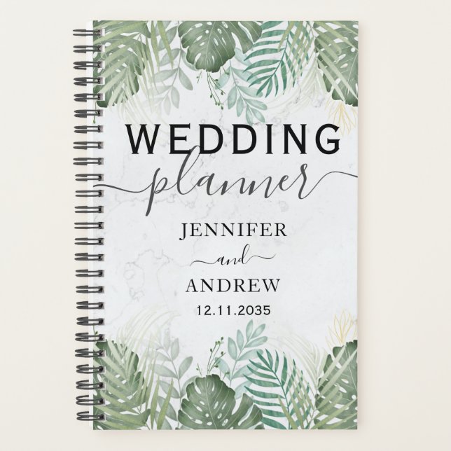 Modern Tropical Foliage Sage Green Wedding Planner (Front)