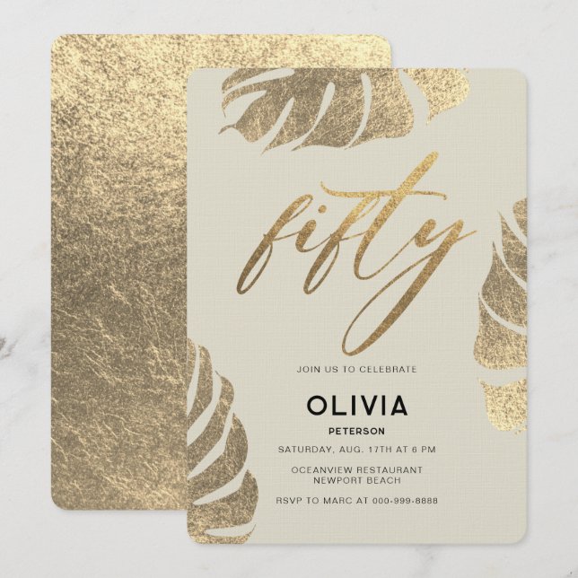 Modern Tropical Gold Elegant Foliage 50th Birthday Invitation (Front/Back)