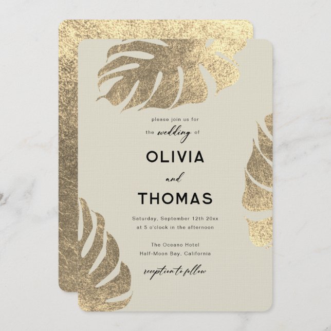 Modern Tropical Gold Elegant Foliage Chic Wedding Invitation (Front/Back)