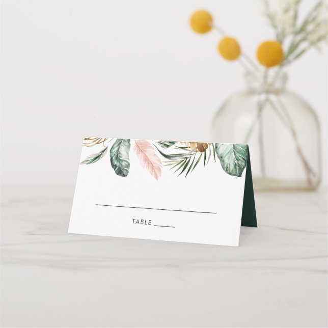 Modern Tropical Gold Palm Greenery Blush Table Place Card (Front)