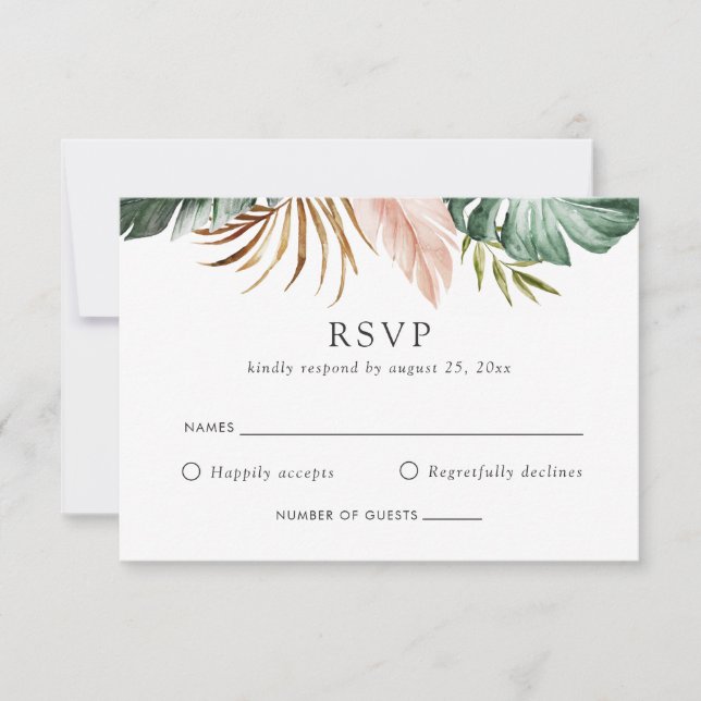 Modern Tropical Gold Palm Greenery Floral RSVP Invitation (Front)