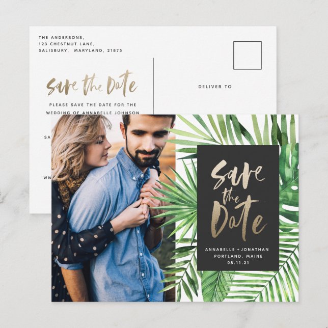 Modern tropical gold script stylish wedding photo invitation postcard (Front/Back)