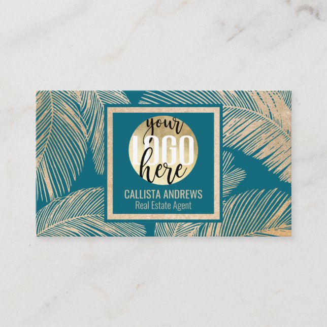 Modern Tropical Gold Teal Blue Palm Tree Leaf Logo Business Card (Front)