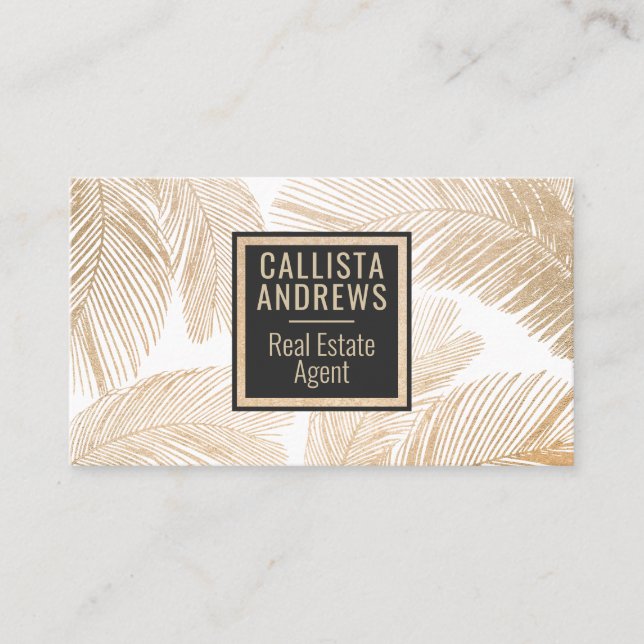 Modern Tropical Gold White Palm Tree Leaf Business Card (Front)
