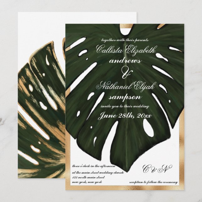 Modern Tropical Green Gold Monstera Leaf Wedding Invitation (Front/Back)