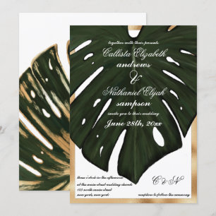 Modern Tropical Green Gold Monstera Leaf Wedding Invitation