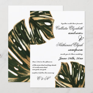 Modern Tropical Green Gold Monstera Leaves Wedding Invitation
