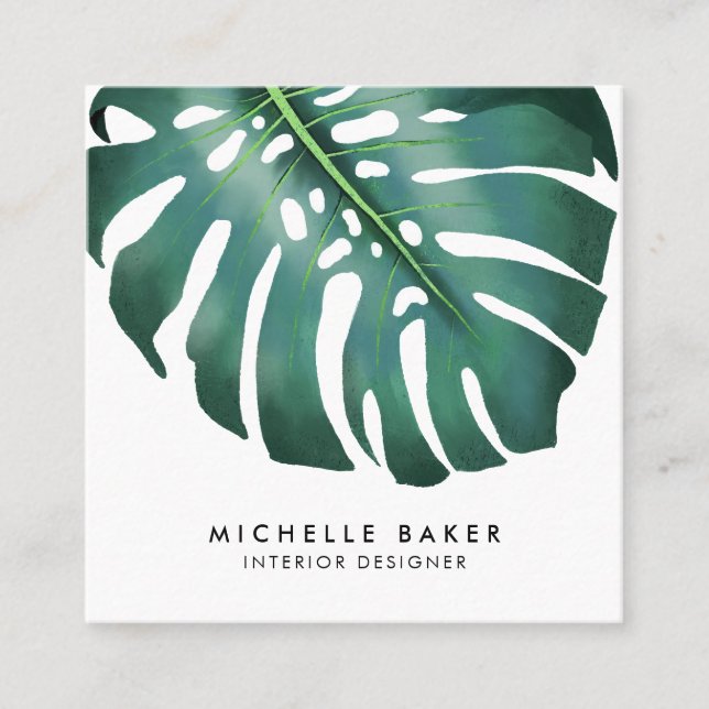 Modern Tropical Green Leaf Square Business Card (Front)
