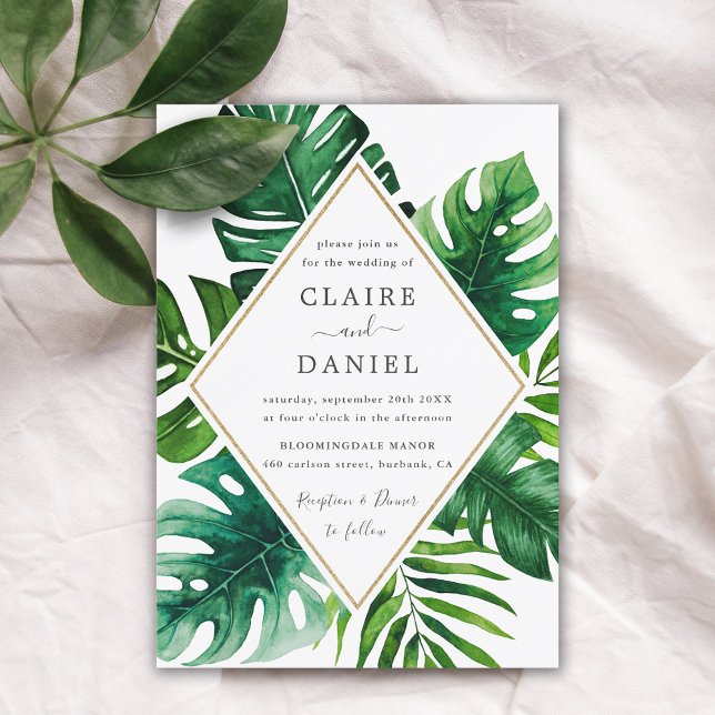 Modern Tropical Green Leaves Wedding Invitation (Creator Uploaded)