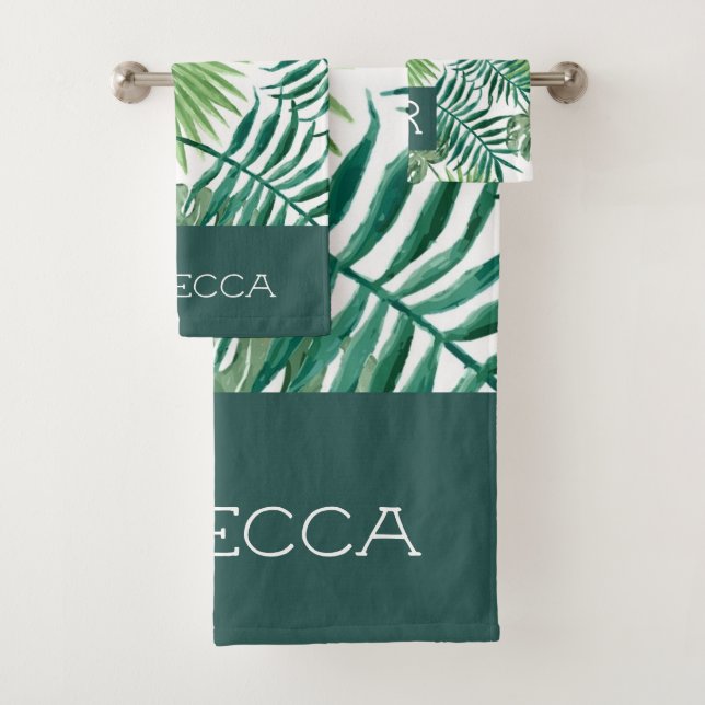 Modern Tropical Green Monogram Bathroom Towel Set (Insitu)