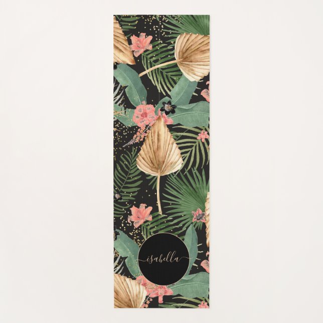 Modern Tropical Green Palm Flowers Monogram Black  Yoga Mat (Front)