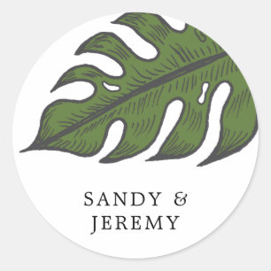 Modern Tropical Green Palm Leaf Wedding Classic Round Sticker
